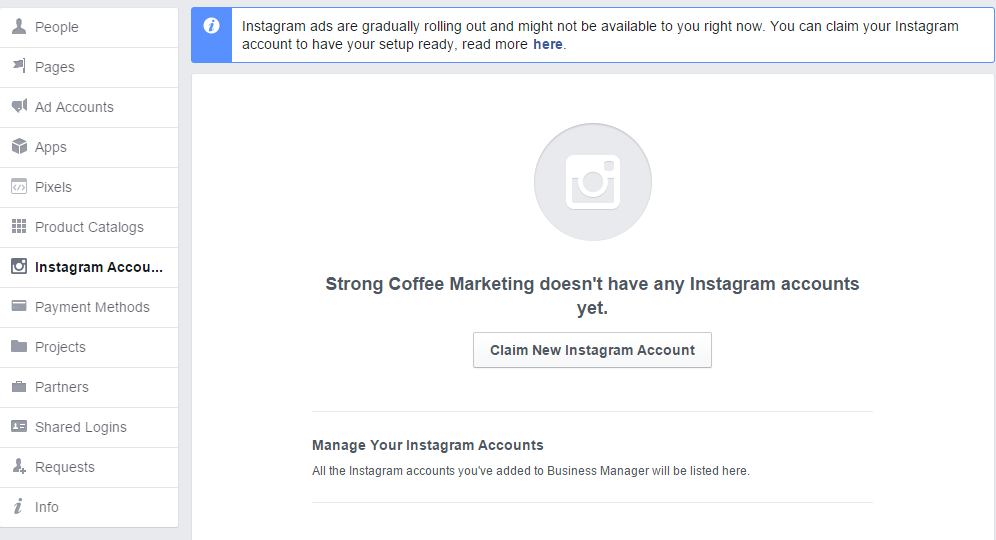Instagram ads - business manager page